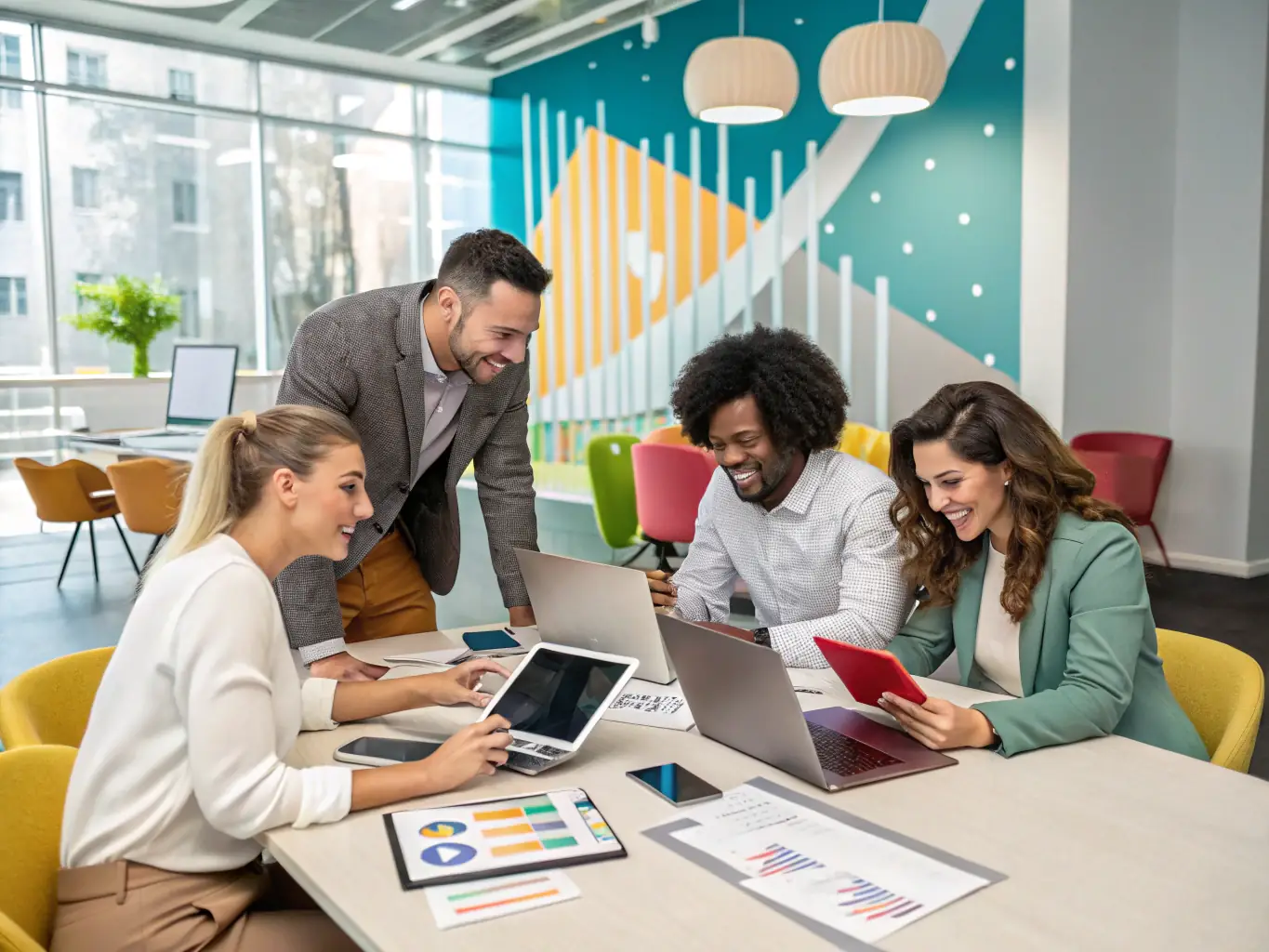 A digital illustration depicting a team collaborating around a central dashboard, showcasing integrated data analytics, communication channels, and task management tools, symbolizing the synergy of Workpath One's features.