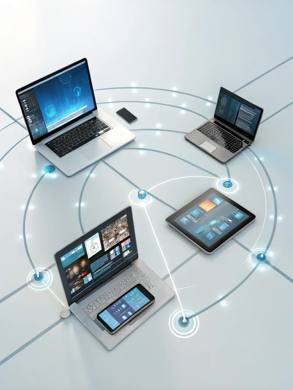 A visually appealing graphic representing seamless communication, showing interconnected devices and data flow within the Workpath One platform.